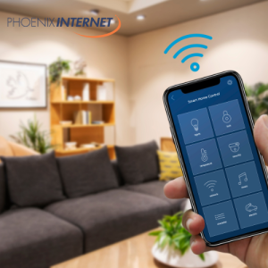 Smartphone displaying a smart home control app with Wi-Fi icon, set in a modern living room, highlighting easy smart home setup with Phoenix Internet's fast connectivity. proper devices setup and reliable internet.